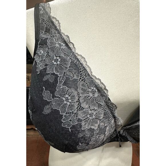 Cacique Bra Boost Plunge Black Gray lace overlay Adjustable strap 50 C - Picture 2 of 8